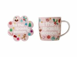 Kasey Rainbow Sparkly Season Mug 350ML & Coaster Set Pink Gift Boxed -Dinnerware shop dx1298 set