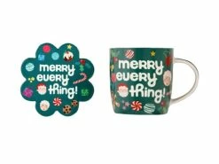 Kasey Rainbow Sparkly Season Mug 350ML & Coaster Set Dark Green Gift Boxed -Dinnerware shop dx1299 set