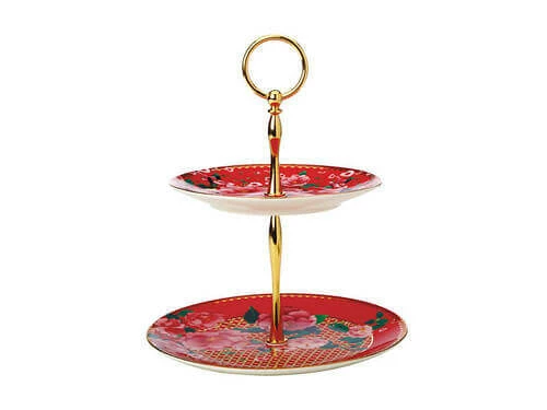 Teas & C's Silk Road 2 Tier Cake Stand Cherry Red Gift Boxed 4 Teas & C's Silk Road 2 Tier Cake Stand Cherry Red Gift Boxed - Image 2